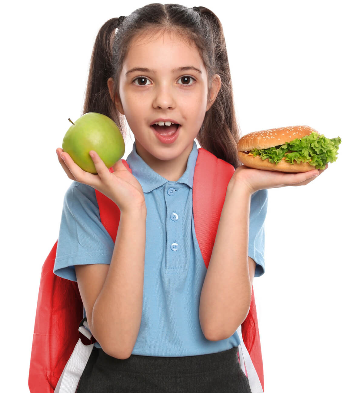 Metro Canteens Adelaide, canteen outsourcing - Adelaide image of primary school girl holding a green apple in one hand a a salad roll in the other hand, she's wearing a red backpack.